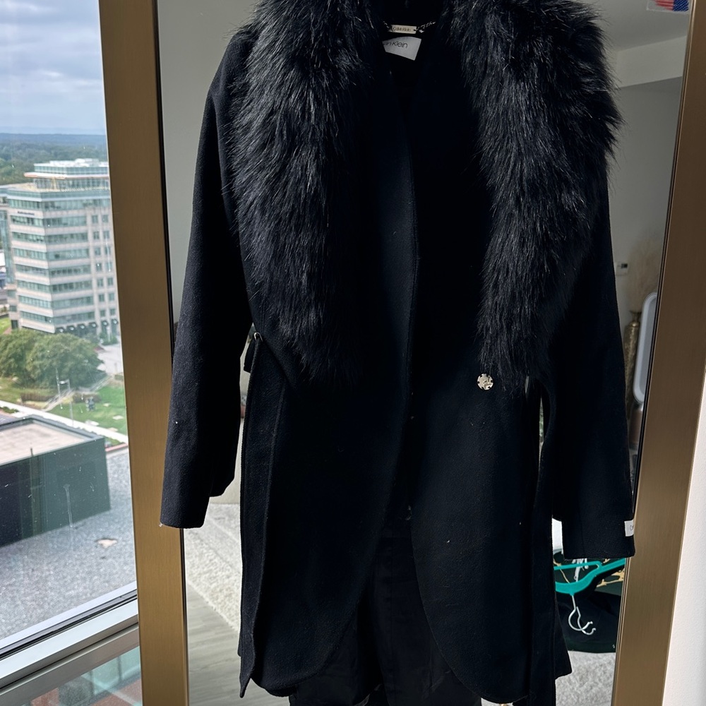 Calvin Klein Black Coat with Faux Fur Collar
